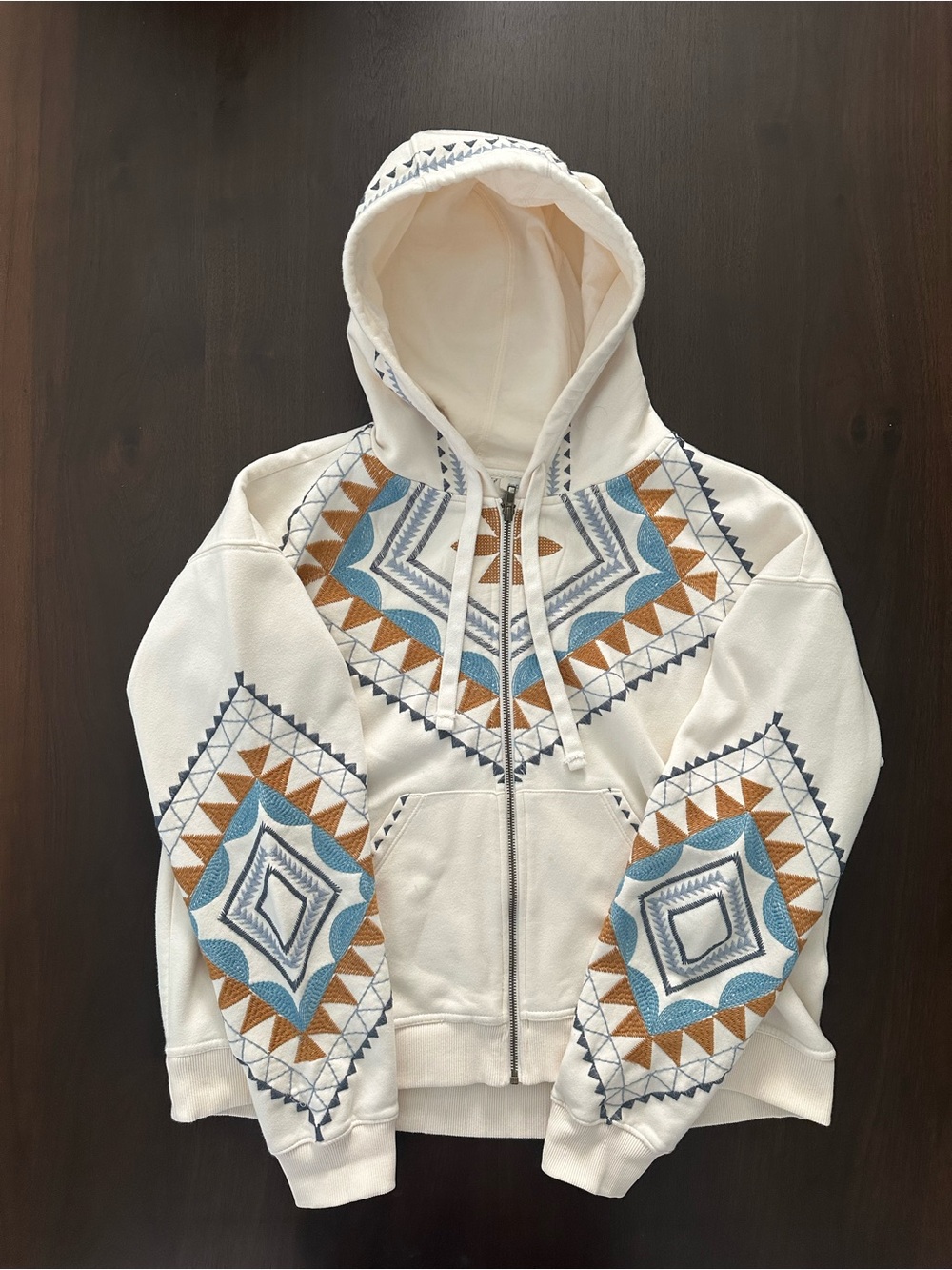 Sundance Embroidered Trim Fleece Zip Up Hoodie Cream White Women Size XL